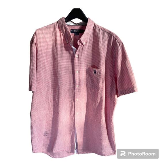 US Polo Assn Button Down Shirt Men Size 2XL Pink Strip Embroidered Short Sleeve - Picture 2 of 7